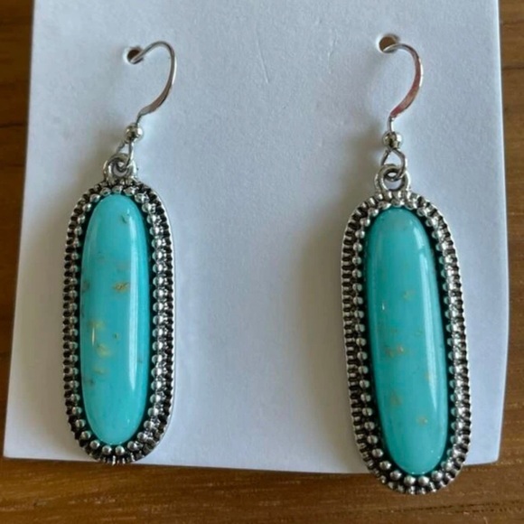“Turquoise Flecked Ovals” Speckled Gold Flakes Southwestern Dotted Frame Dangles - Picture 14 of 16